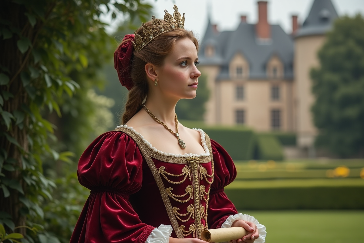 Jeune femme noble en costume Renaissance dans un jardin