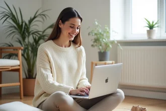 Jeune femme consultant une liste de naissance en ligne sur son ordinateur portable entourée d'articles pour bébé