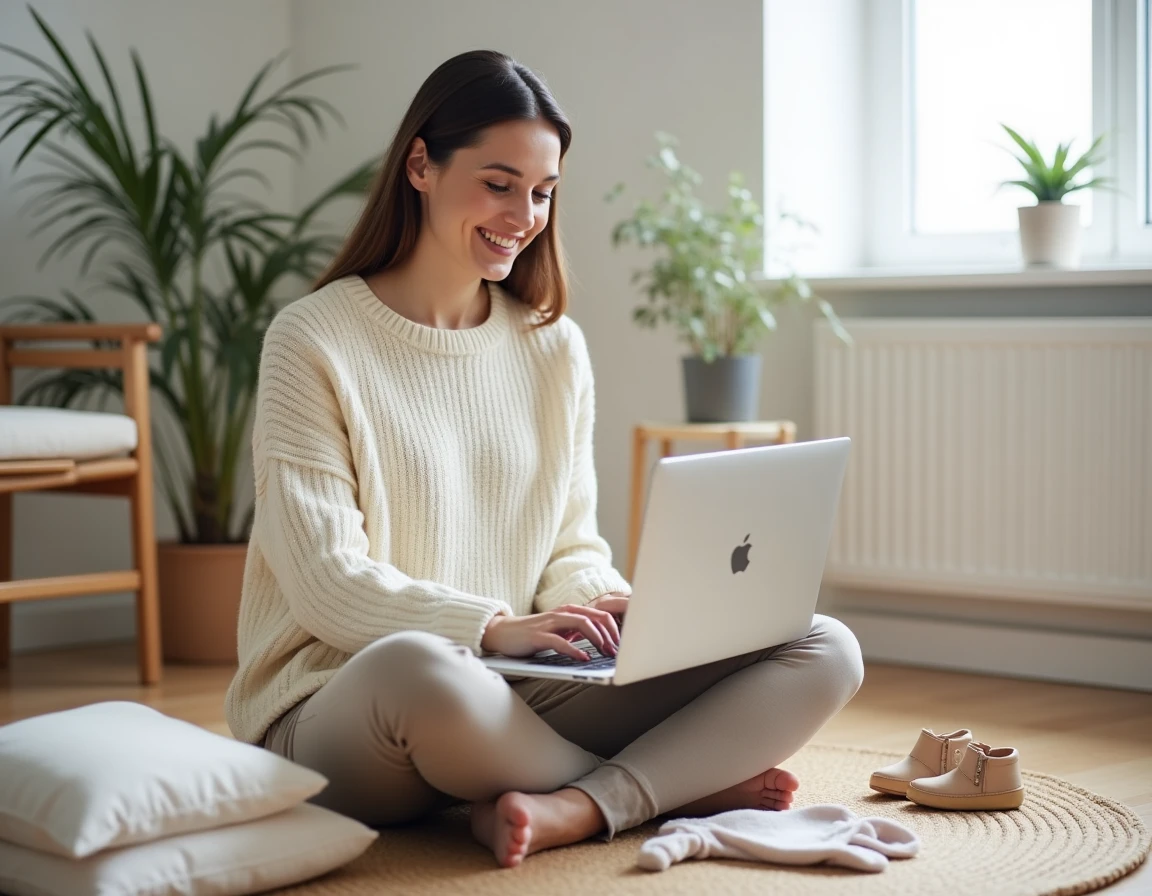 Jeune femme consultant une liste de naissance en ligne sur son ordinateur portable entourée d'articles pour bébé