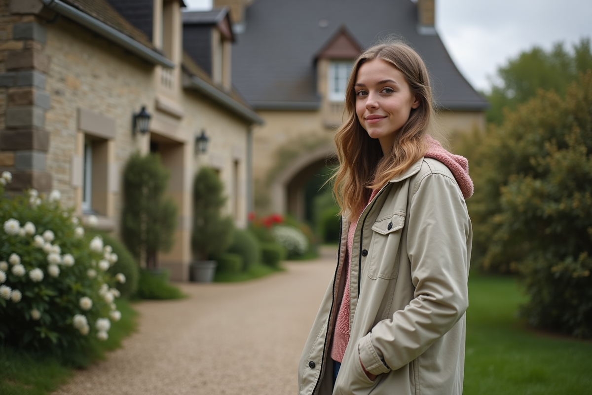 Jeune femme devant maison en pierre en Normandie