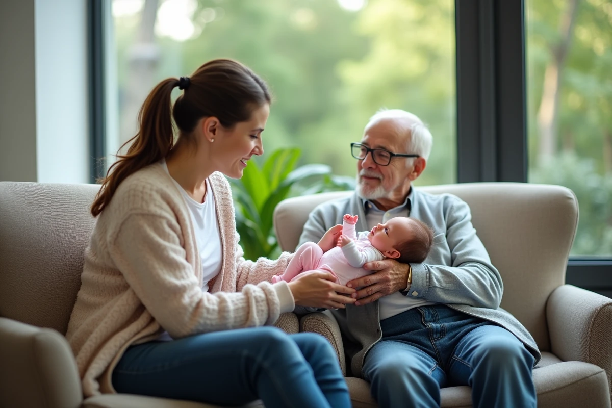 Jeune femme donnant un bébé reborn à un homme âgé dans un salon moderne