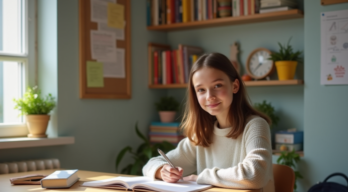 Jeune fille de 15 ans écrivant dans un carnet dans sa chambre