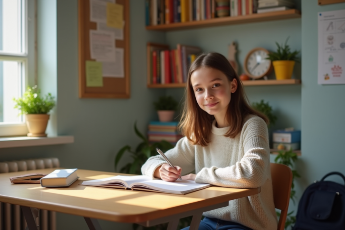 Jeune fille de 15 ans écrivant dans un carnet dans sa chambre