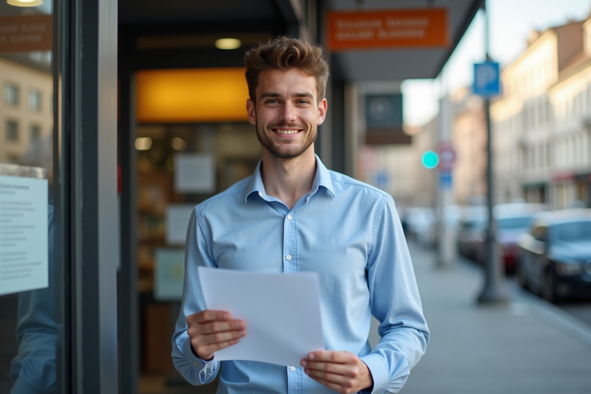 Jeune homme confiant tenant son formulaire d