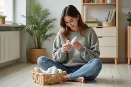 Jeune maman assise sur un parquet en bois tenant un échantillon gratuit de produit bébé dans un appartement modeste et chaleureux
