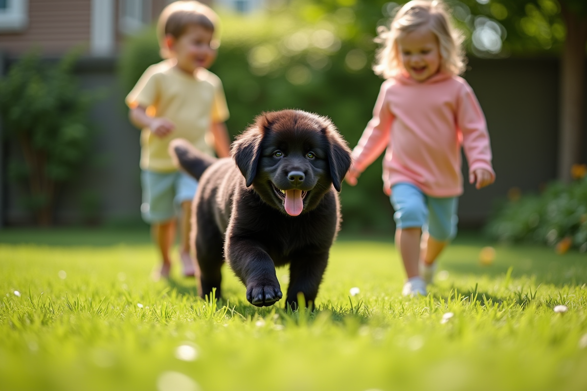 Enfants jouant avec un chiot Newfoundland dans le jardin