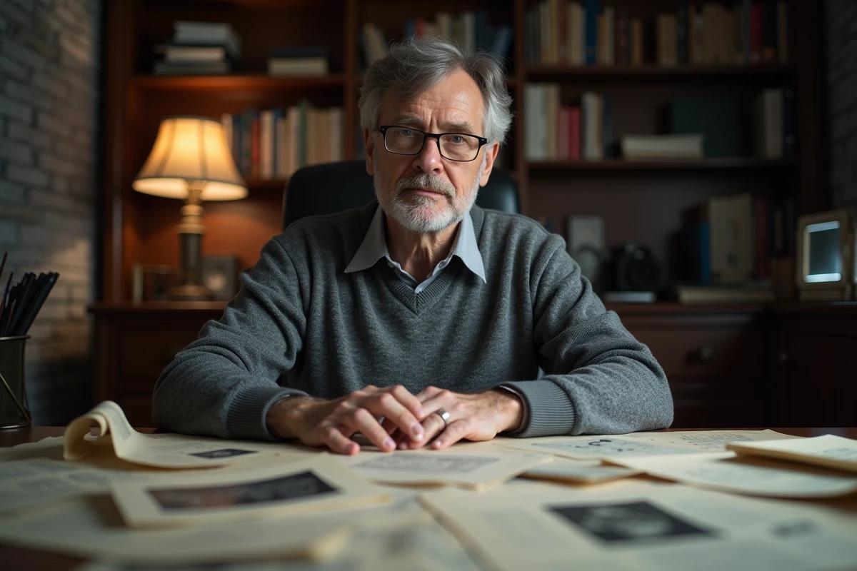 Journaliste ou chercheur consultant des archives et coupures de presse à son bureau, illustrant une enquête sur les rumeurs autour de Mike Brant et son fils présumé