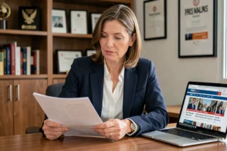 Journaliste professionnelle en bureau éditorial examinant des documents de presse, illustrant la vie professionnelle d'Isabelle Lasserre