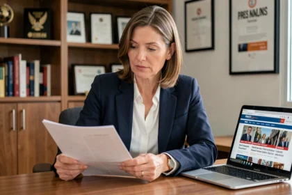Journaliste professionnelle en bureau éditorial examinant des documents de presse, illustrant la vie professionnelle d'Isabelle Lasserre