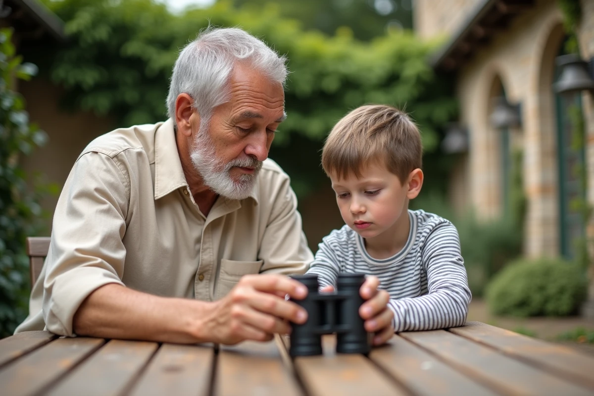 Grand-père et petit-fils comparant des jumelles enfant adaptées autour d'une table en bois dans un jardin
