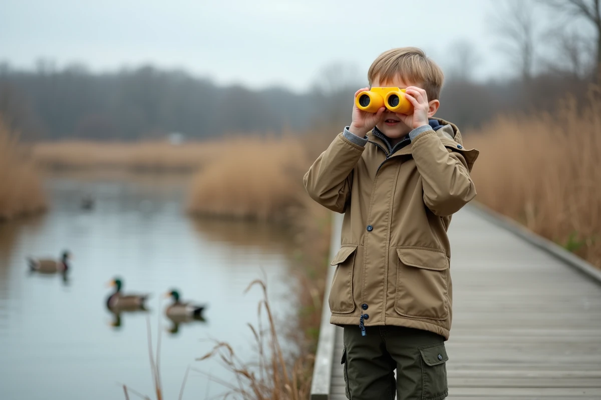 Jeune garçon observant la faune avec des jumelles enfant jaunes sur un ponton en bois dans une réserve naturelle