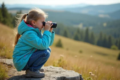 Petite fille utilisant des jumelles enfant en plein air sur une colline herbeuse lors d'une randonnée
