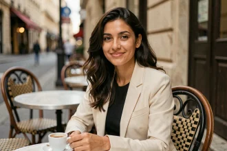 Kelly Vedovelli style : jeune femme méditerranéenne souriante en terrasse de café parisien, cheveux ondulés foncés et blazer crème