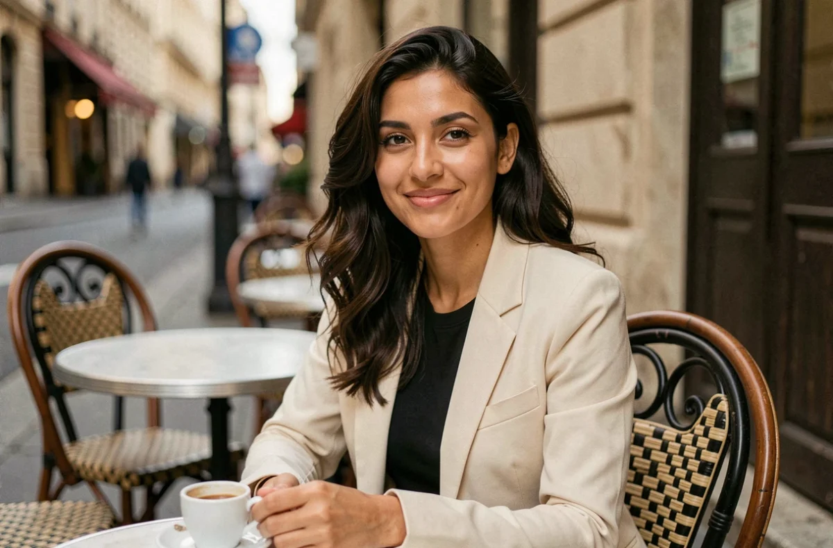 Kelly Vedovelli style : jeune femme méditerranéenne souriante en terrasse de café parisien, cheveux ondulés foncés et blazer crème