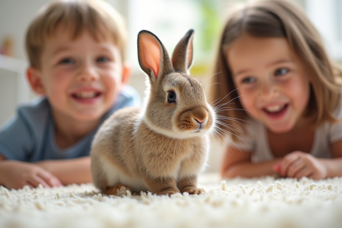 Lapin lopeared sur un tapis avec deux enfants qui jouent