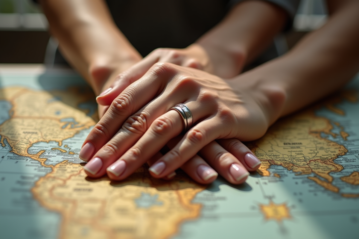 Mains entrelacees avec bagues reposant sur une carte de voyage