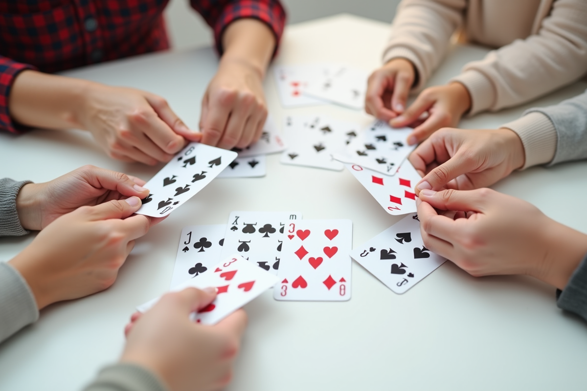 Mains de différentes générations jouant avec des cartes familiales sur une table blanche