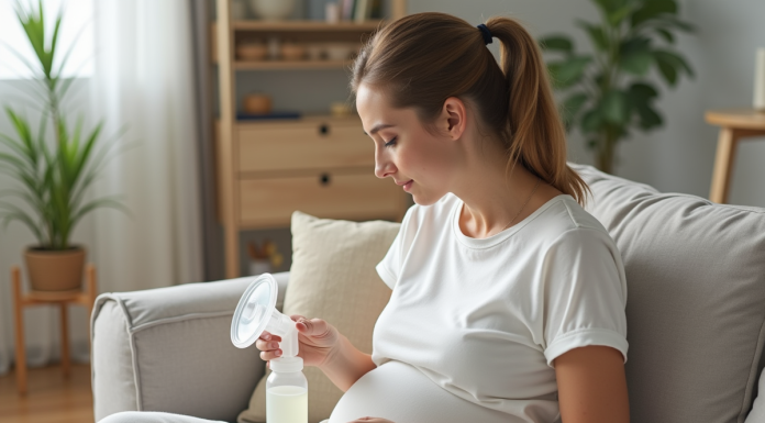 Jeune maman utilisant une pompe manuelle dans un salon paisible