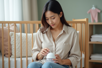 Jeune maman préparant son allaitement dans un nurserie calme