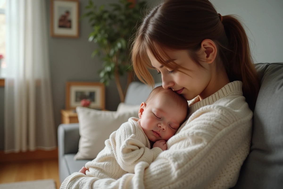 Maman c&acirc;line son nouveau-n&eacute; dans un salon chaleureux