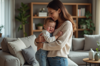Maman douce avec son enfant dans un salon chaleureux