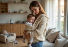 Utiliser le cosy : quel moment choisir pour arrêter ? Jeune maman avec bébé dans un porte-bébé dans un salon lumineux