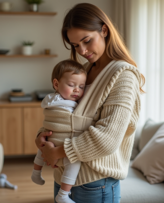 Jeune maman avec bébé dans un porte-bébé dans un salon lumineux