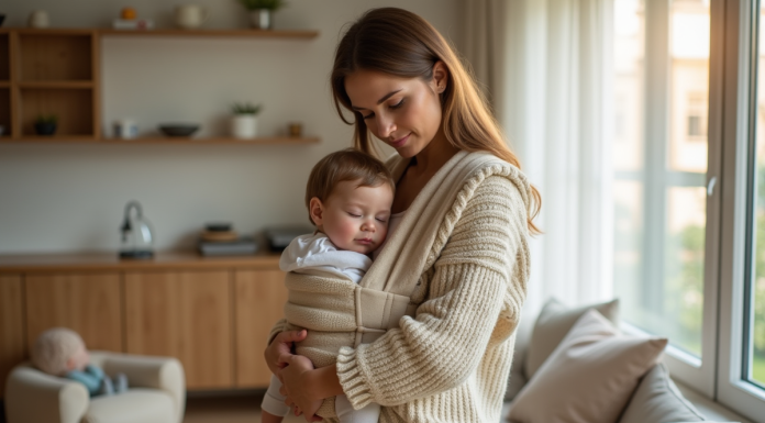 Jeune maman avec bébé dans un porte-bébé dans un salon lumineux