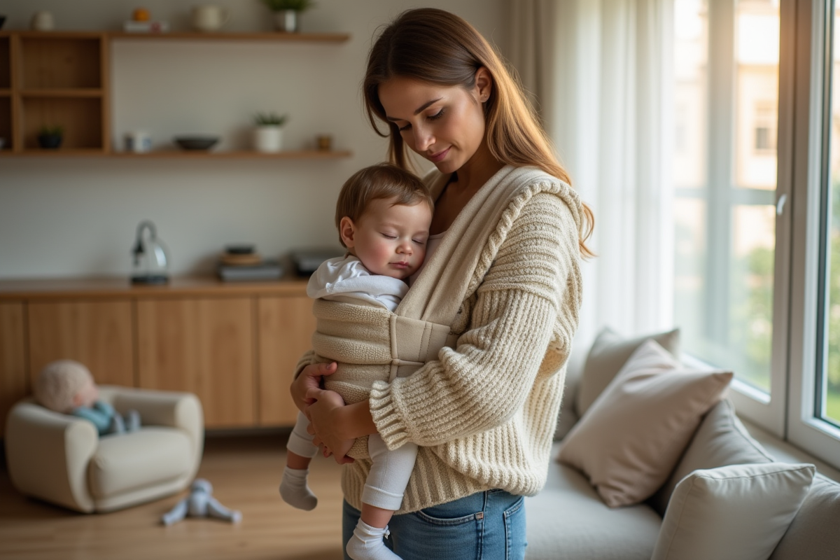 Jeune maman avec bébé dans un porte-bébé dans un salon lumineux