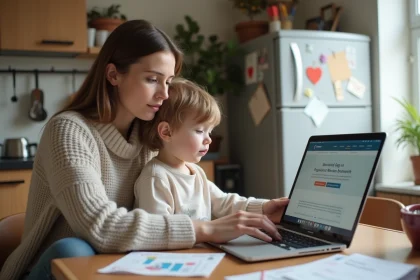 Jeune maman avec son enfant sur ses genoux devant un ordinateur dans la cuisine