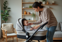 Meilleur moment pour cesser nacelle bébé : Conseils pour parents Jeune maman plaçant son bébé dans une poussette moderne à la maison