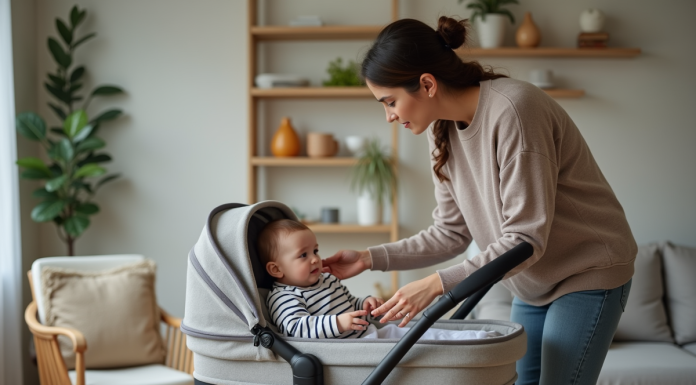 Jeune maman plaçant son bébé dans une poussette moderne à la maison