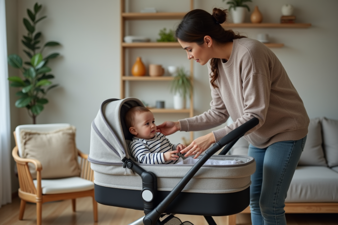 Jeune maman plaçant son bébé dans une poussette moderne à la maison