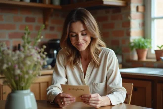 Maman émue lisant une carte d'anniversaire manuscrite à table dans une cuisine chaleureuse