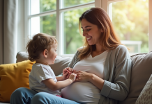 Jeune maman heureuse avec son bébé dans un salon lumineux