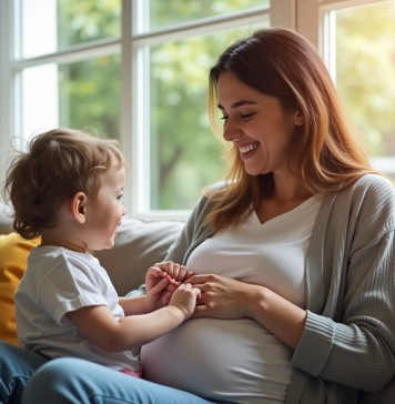 Tomber enceinte deuxième fois : plus facile ? Conseils pour concevoir rapidement ! Jeune maman heureuse avec son bébé dans un salon lumineux