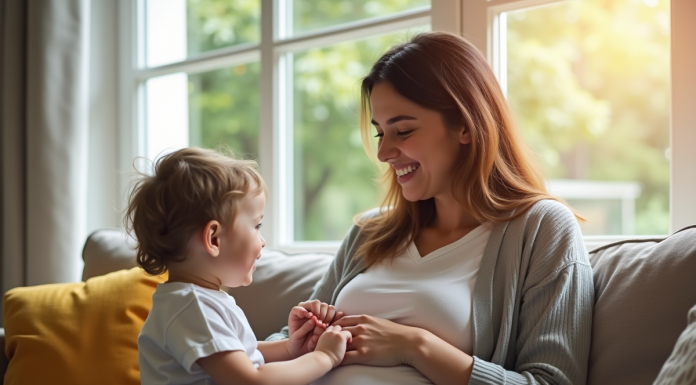Jeune maman heureuse avec son bébé dans un salon lumineux
