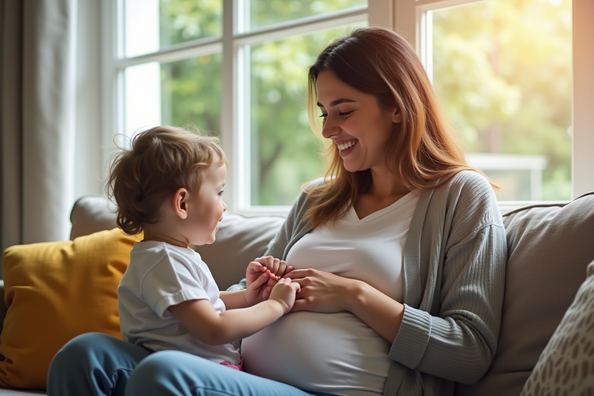 Jeune maman heureuse avec son bébé dans un salon lumineux