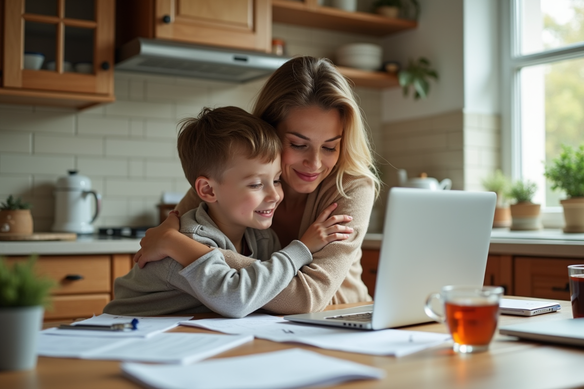 Femme et enfant dans la cuisine en moment tendre