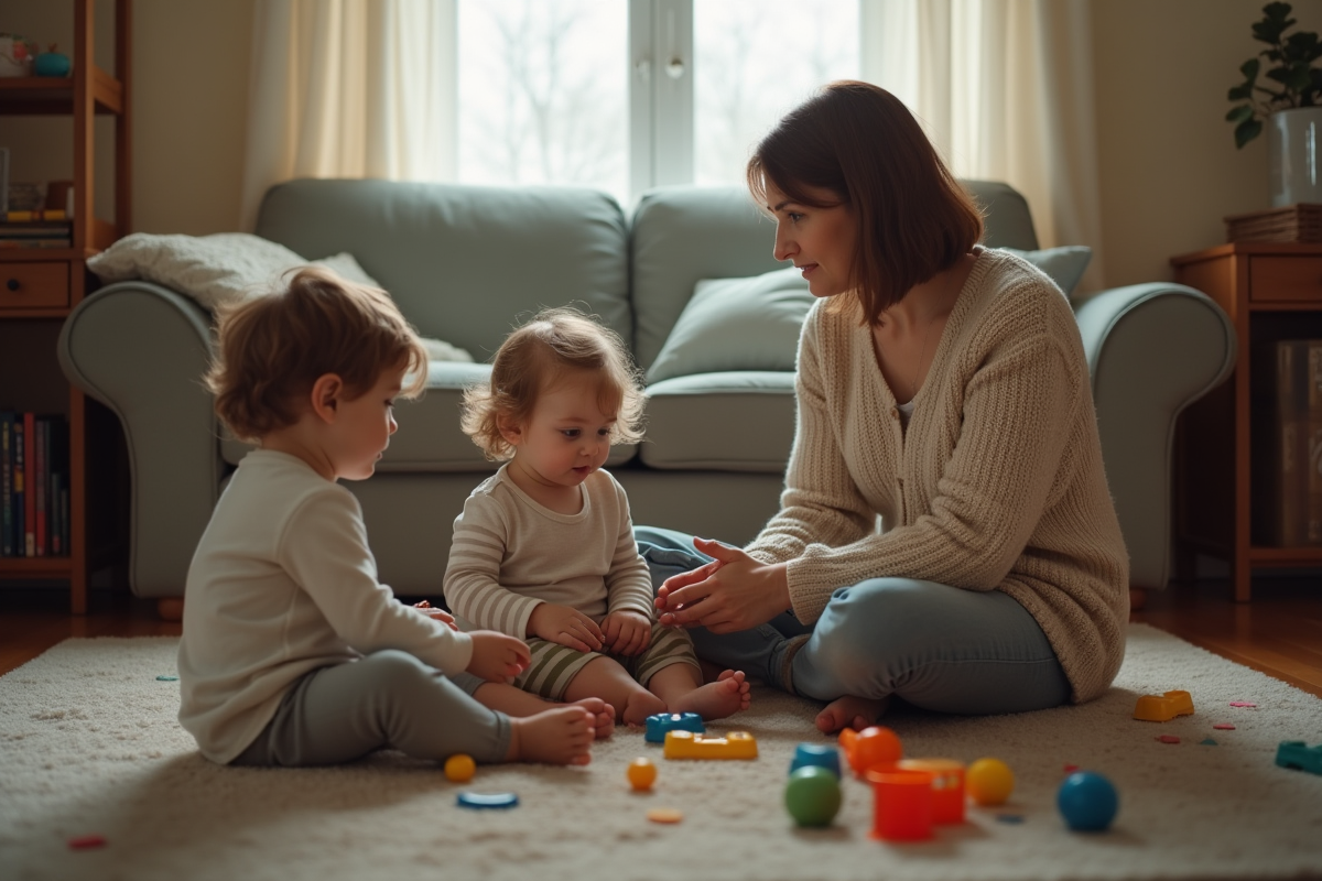Jeune mère contemplative avec ses enfants dans le salon