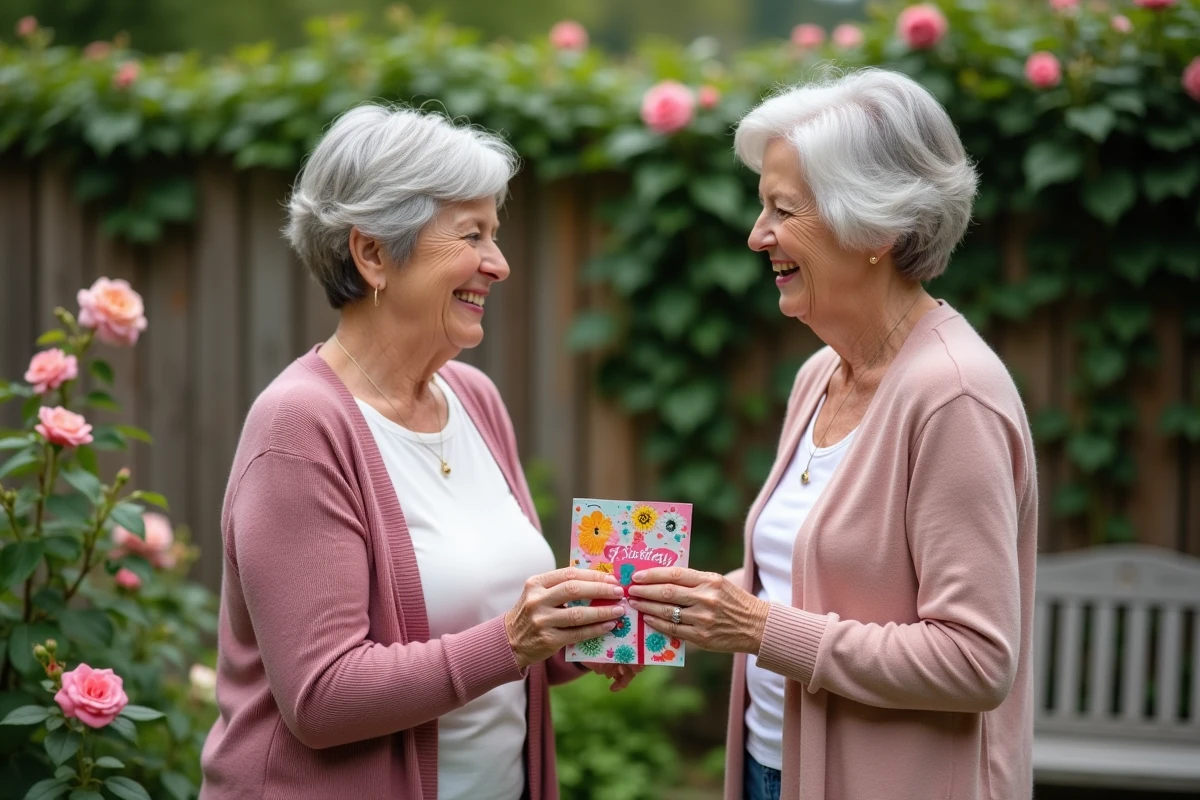 Mère et fille partageant un moment émouvant lors de la remise d'une carte d'anniversaire au jardin