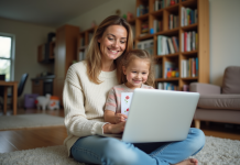 Vie privée vs vie professionnelle : Comment trouver l’équilibre ? Femme et fille dans un salon cosy avec ordinateur