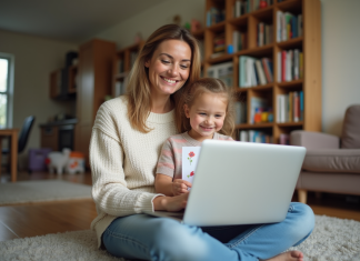 Vie privée vs vie professionnelle : Comment trouver l’équilibre ? Femme et fille dans un salon cosy avec ordinateur