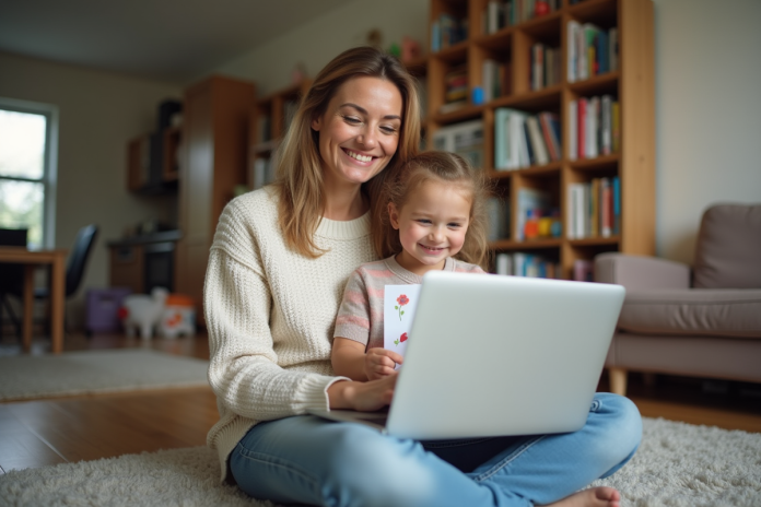 maman-fille-cosy-living-room Femme et fille dans un salon cosy avec ordinateur