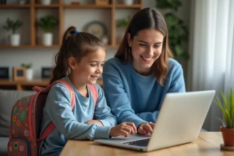 Maman et fille souriantes utilisant un ordinateur à la maison