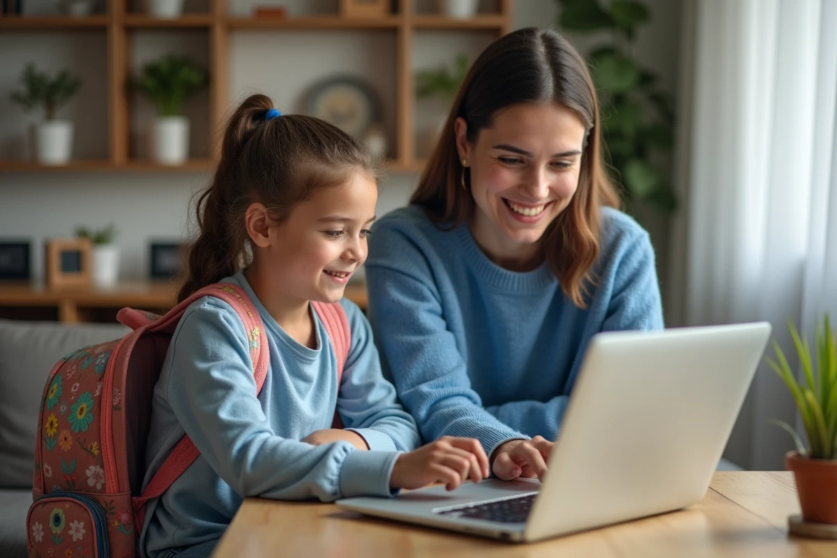 Maman et fille souriantes utilisant un ordinateur à la maison