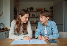 Assurance mutuelle : peutedéclarer mon fils majeur ? avant 2025 Mère et fils regardant des documents d'assurance ensemble