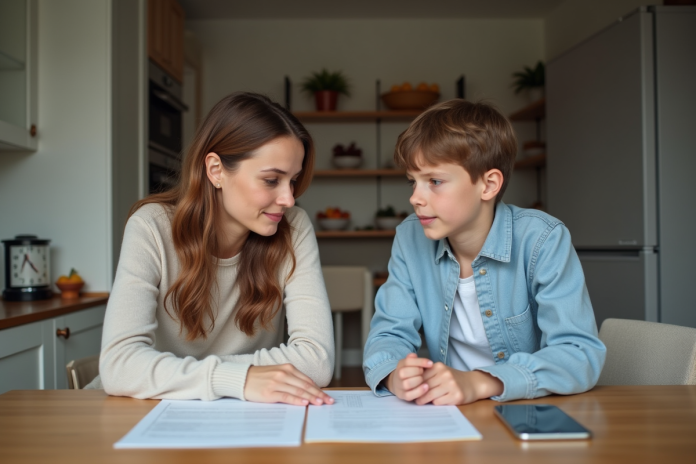 Mère et fils regardant des documents d'assurance ensemble