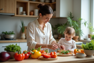 Jeune maman préparant des fruits et légumes pour son bébé