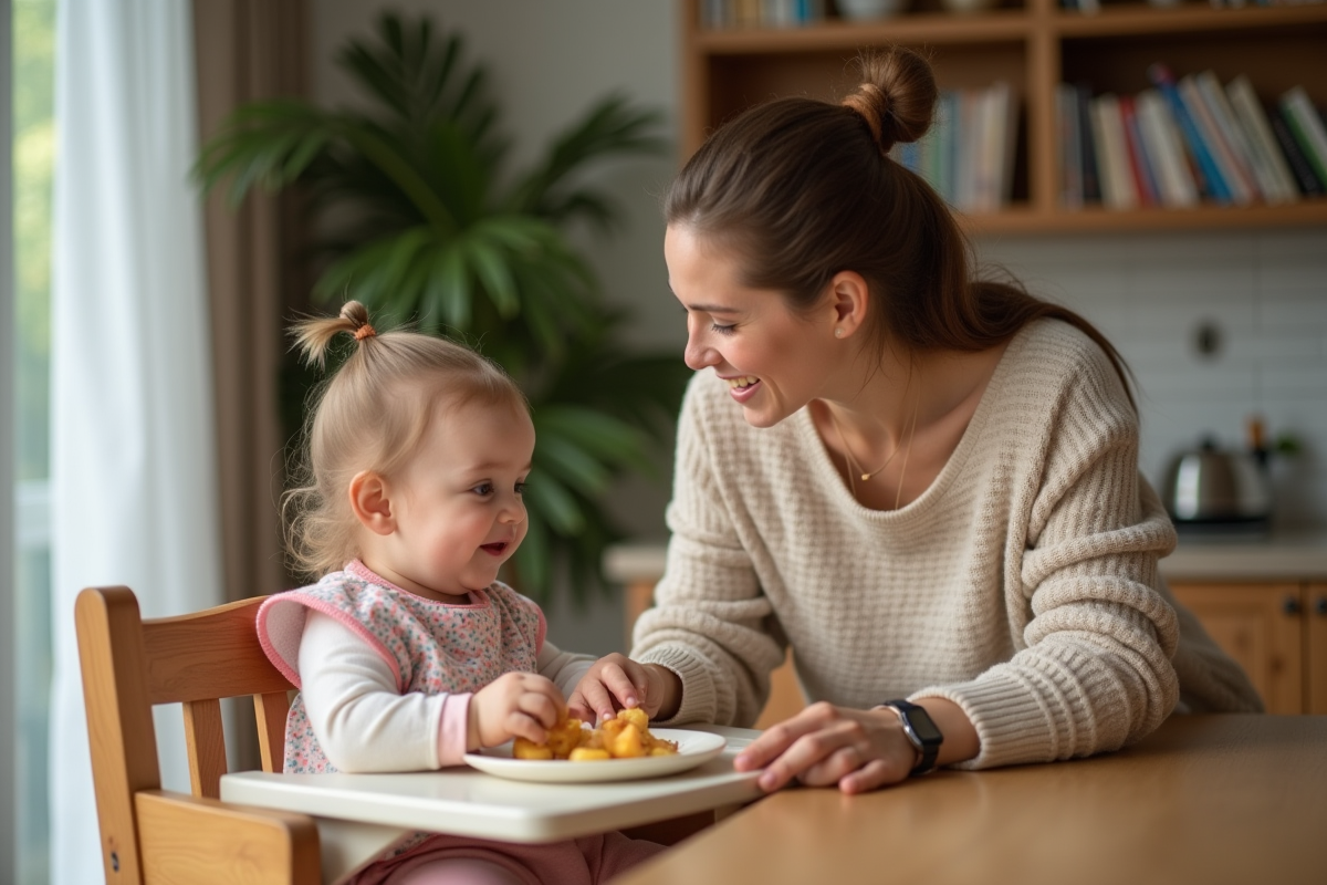 Maman préparant un repas pour sa fille dans la salle à manger